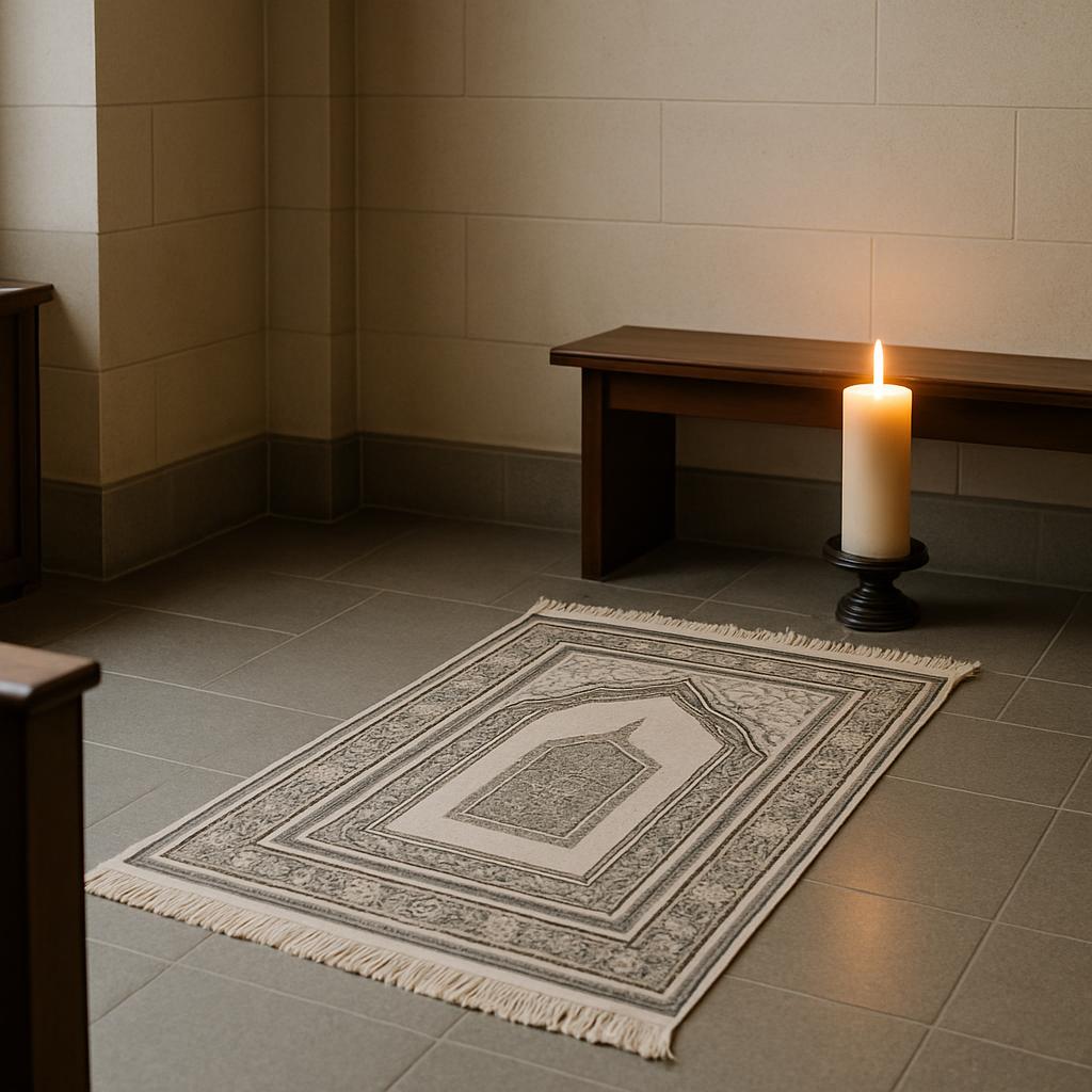An empty room with light gray floor tiles featuring a dark patterned rug in the corner, a faintly lit candle on a stand ne...