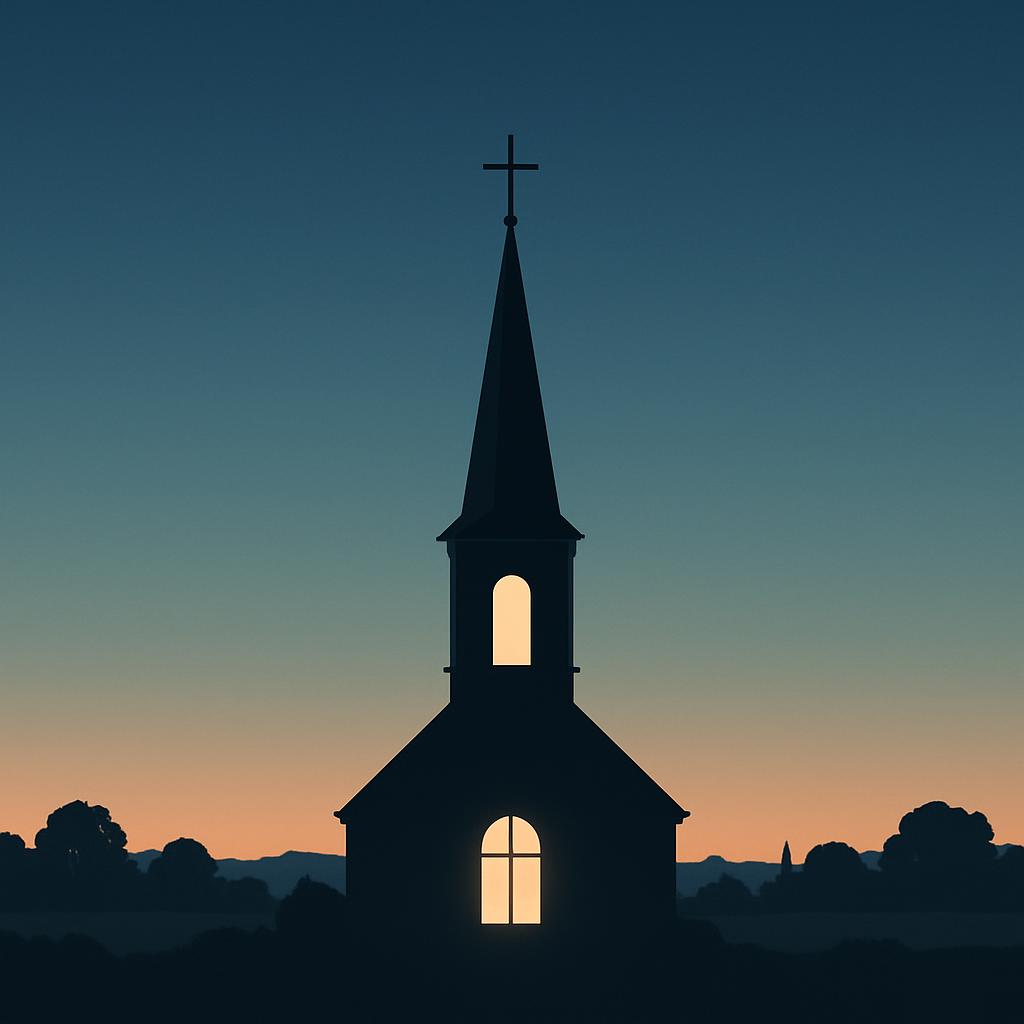 A church during sunset. Grafik silhouette of a church with star in a sky.