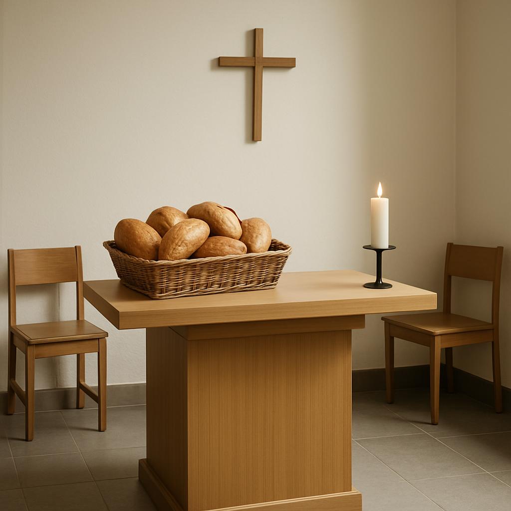 A small, simple church pew with a basket of bread and a white candlestick and western cross on the wall.